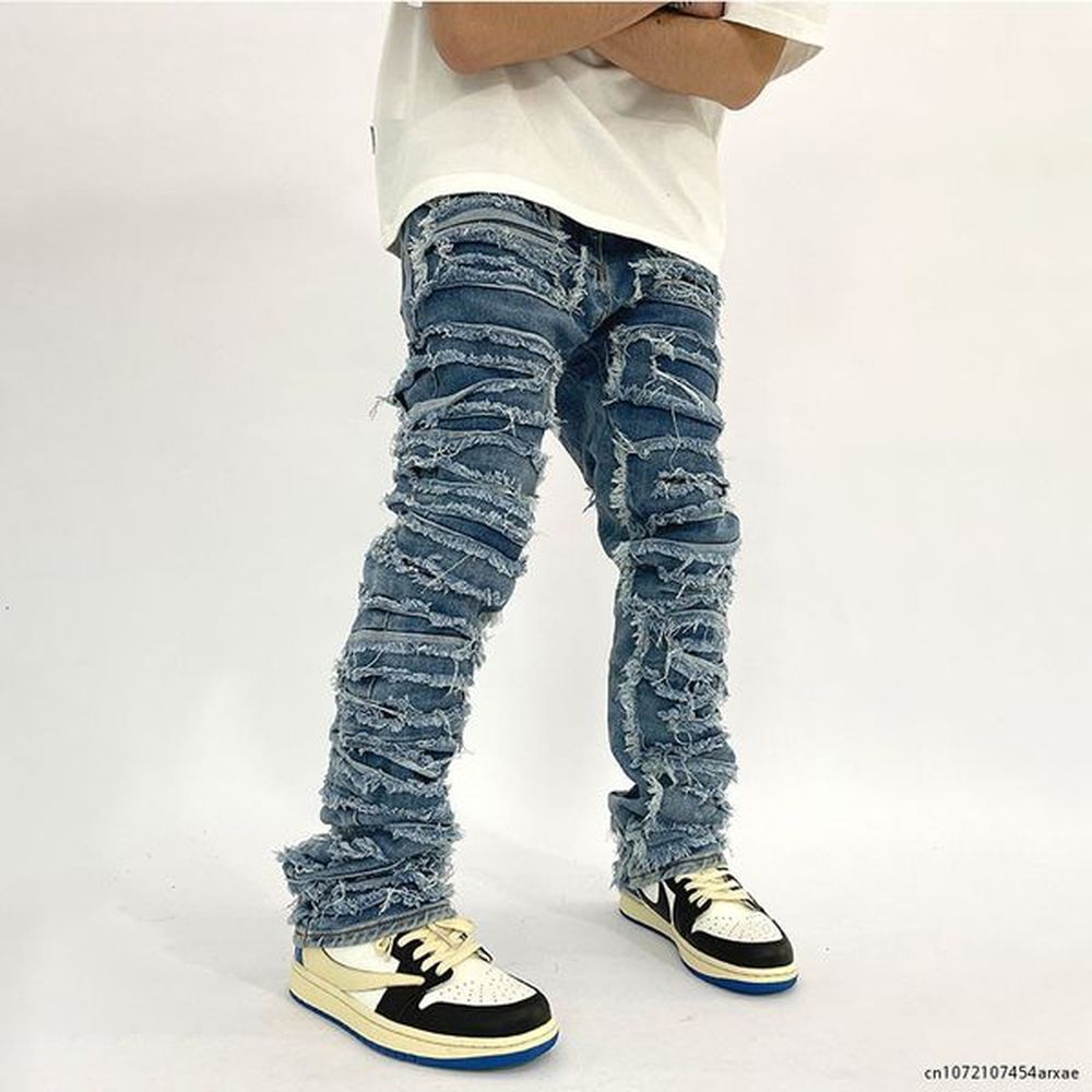 Mens Jeans Ripped Men Heavy Destroyed Slim Denim Pants Gothic Casual Trousers Male Streetwear Punk Hip Hop Black Blue Spring 230720