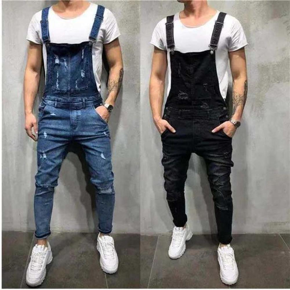 Men's Jeans Ripped Slim-Fitting Suspenders Jeans Mens Europe America Small Feet Trousers Male Sexy Fashion Gallus Denim PantsL248
