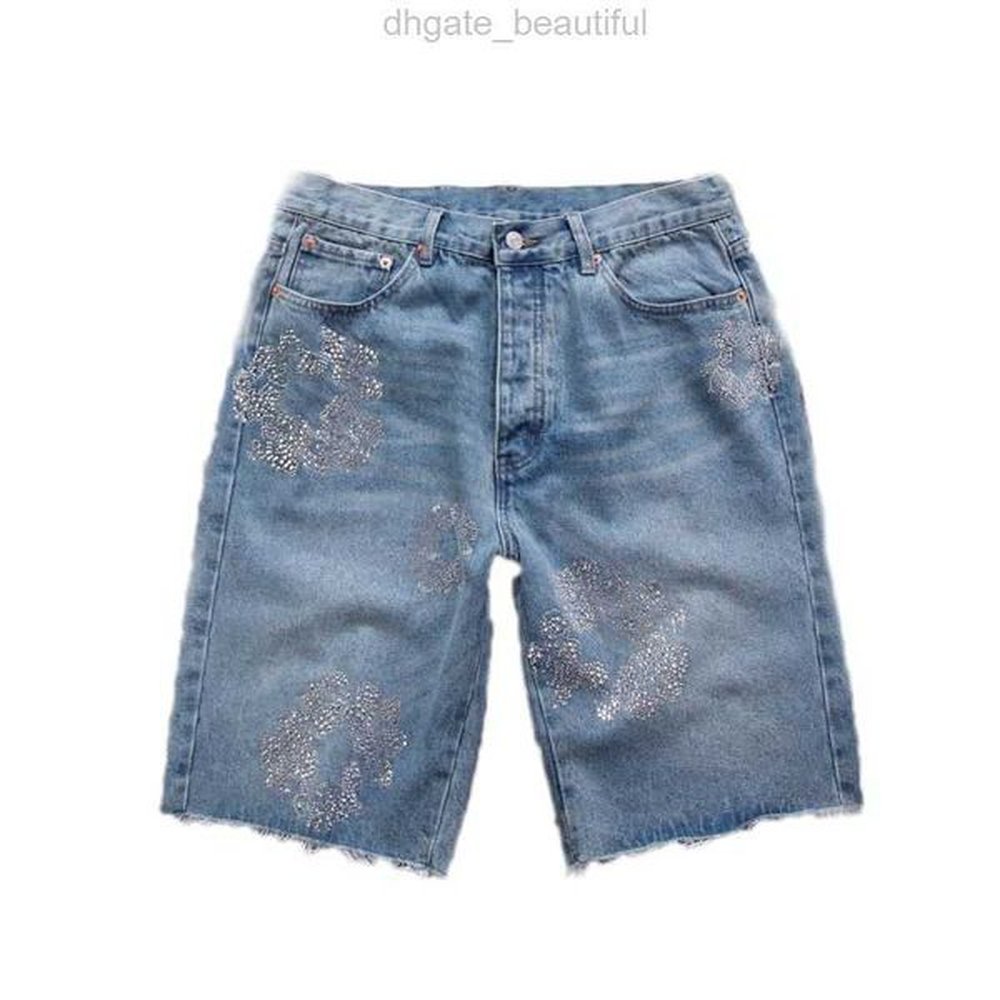 Mens jeans short flower Diamond Denim shortpants Slim street Hip hop jean shorts Button Fly WREATH Jeans breads black light wash blue design