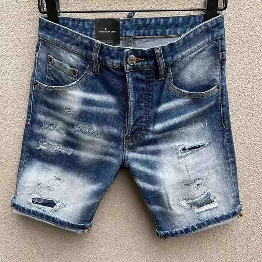 Men's Jeans Shorts Short Denim for Man Blue Summer Half Pants Mens Breeches Hole Metal Button Zipper Skinny Slim Patchy Water Washed Ma