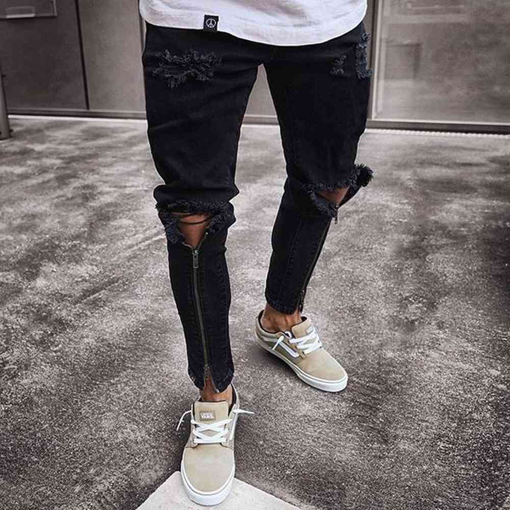 Men's Jeans Slim-fit Zipper Ripped Narrow-leg Pants Trendy Trousers Tight-fitting Denim