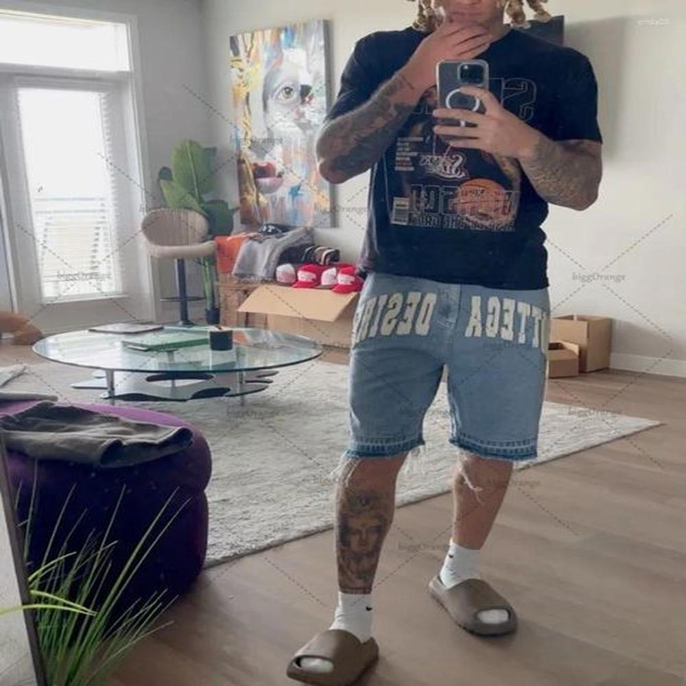 Men's Jeans Street Harajuku Fashion American Retro Letter Embroidered Denim Shorts High Boys Casual Loose Straight Pants Men