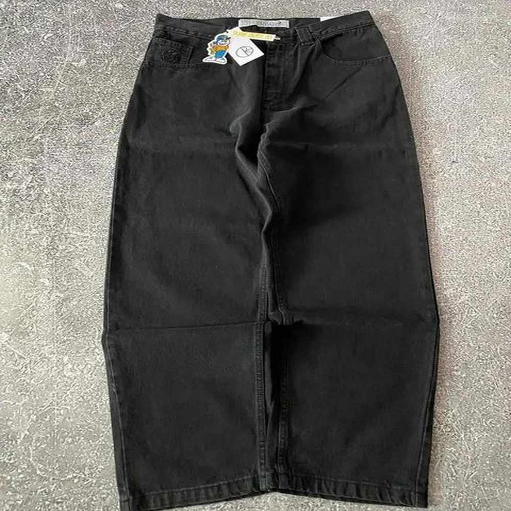 Mens Jeans Streetwear Polar Big Boy Y2K Gothic Hip Hop Cartoon Embroidery Baggy Black Pants Mens High Waist Wide Leg Trouser