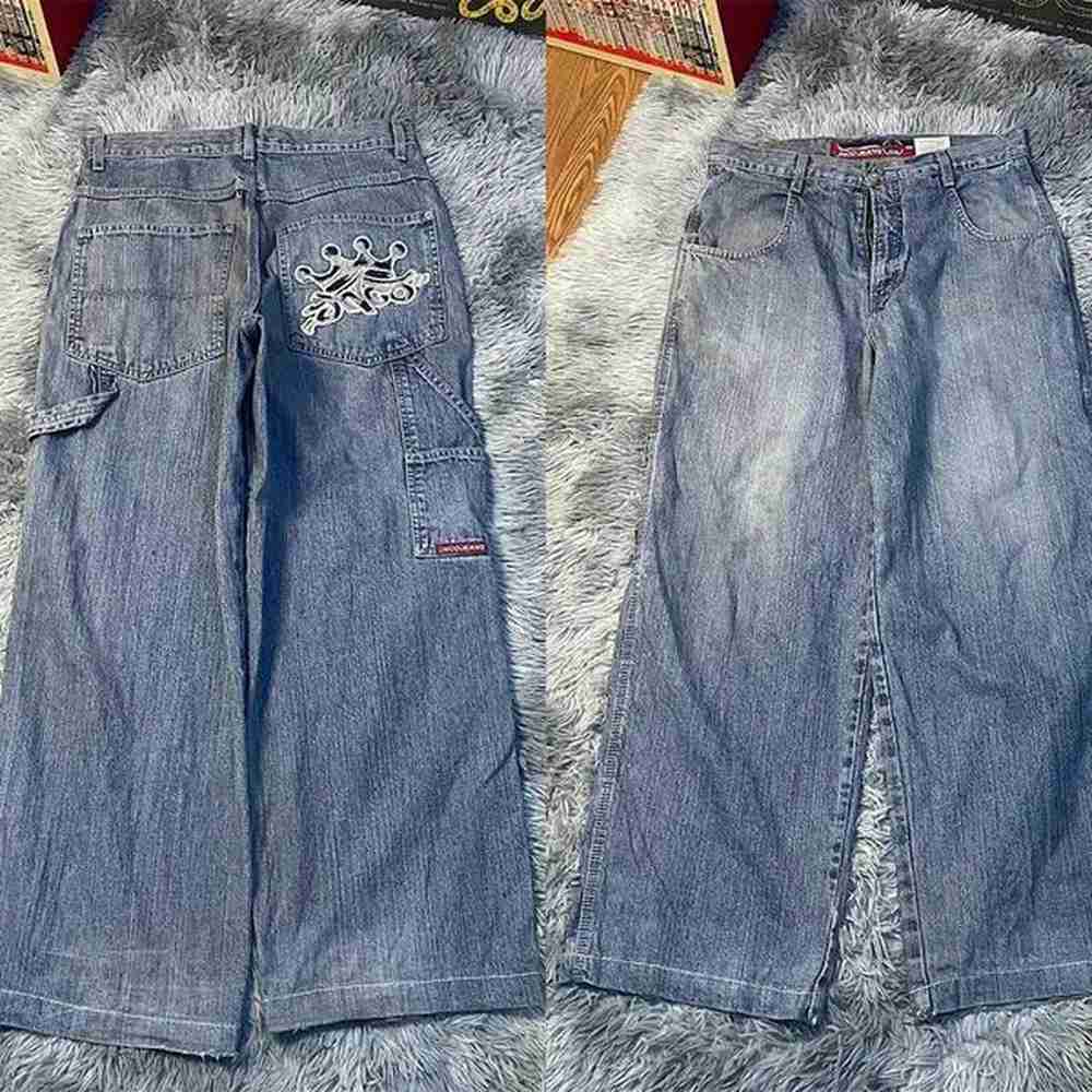 Men's Jeans Strtwear Jeans Y2K Harajuku Hip Hop Crown Embroidery Retro Blue Baggy Jeans Mens Womens High Waist Wide Leg Trousers Y24083