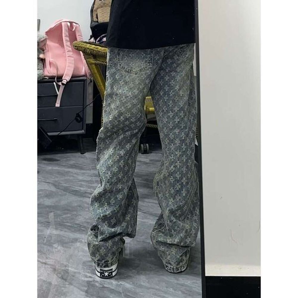 Men's Jeans Trendy Brand European And American Strt Pants American High Strt Jacquard Design Jeans Mens Loose Hong Kong Style New Style
