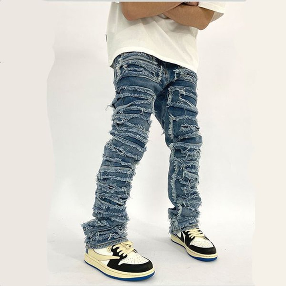 Men's Jeans Vibe Style Patchwork Retro Washed Men Baggy Pants Hole Ripped Hip Hop Straight Vintage Denim Trousers Pantalon Homme 230504