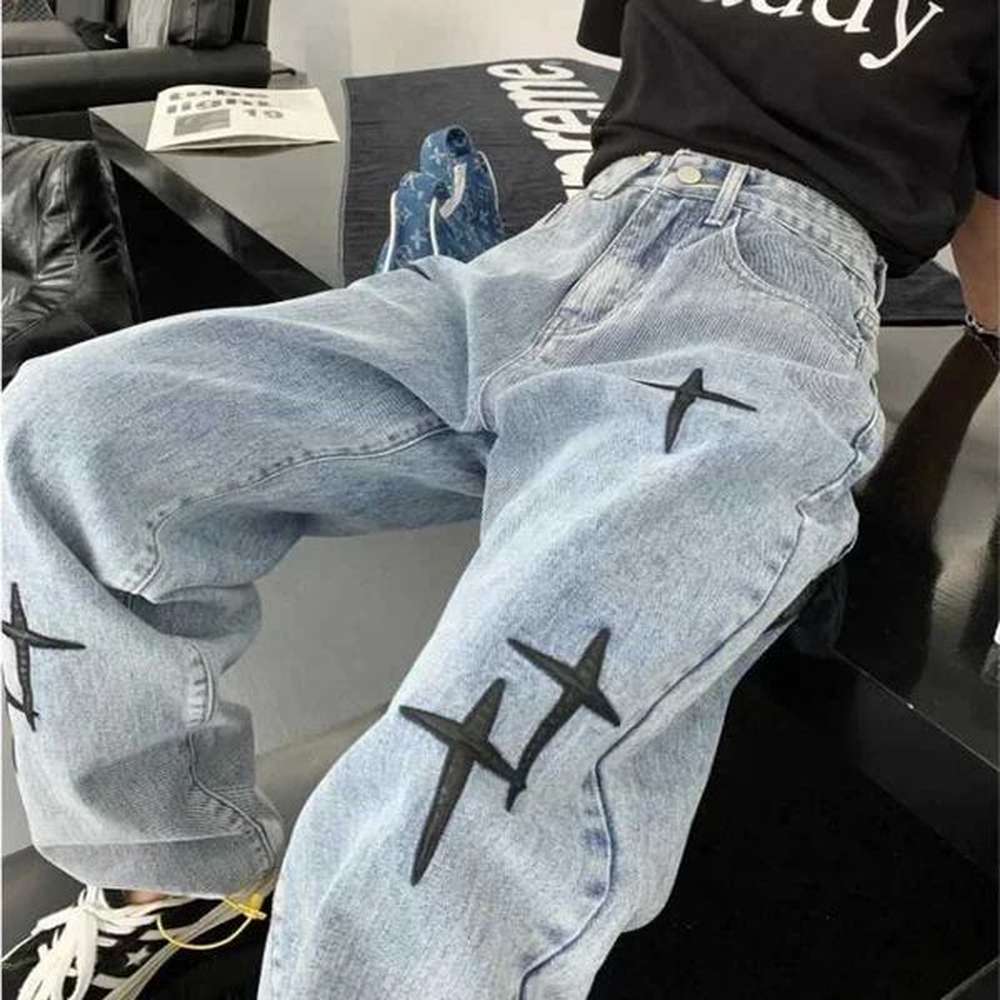 Men's Jeans Wide Leg Print Men New Streetwear Y2K Korean Fashion Straight Casual Loose Denim Cargo Pants Hip Hop Style Male Trousers z2