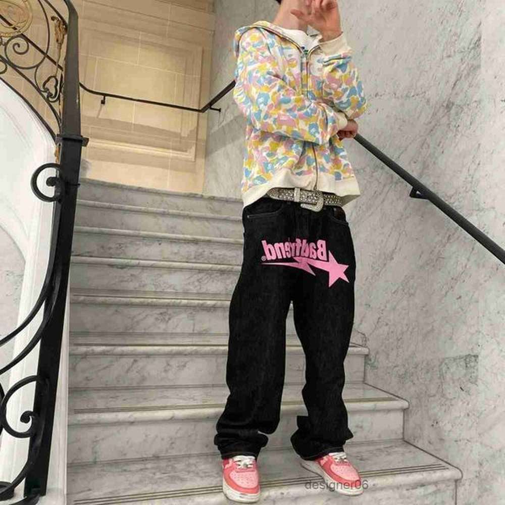 Men's Jeans Y2k Jeans Badfriend Hip Hop Letter Print Black Pants Men Women Fashion Casual Rock Wide Foot Baggy Trouser Streetwear 23092