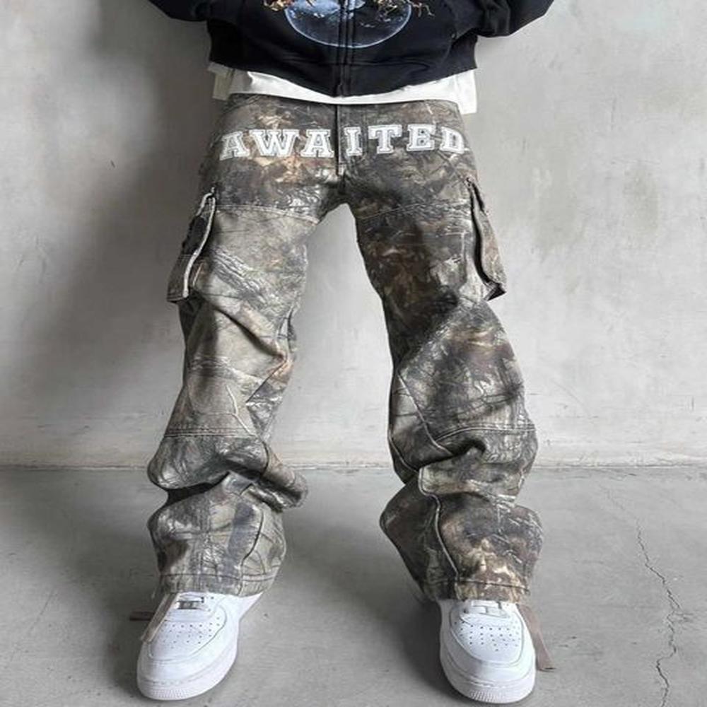 Men's Jeans Y2K retro fashion camouflage cargo pants mens street clothing luggage jeans wide leg straight Trouser multi pocket jeans J2
