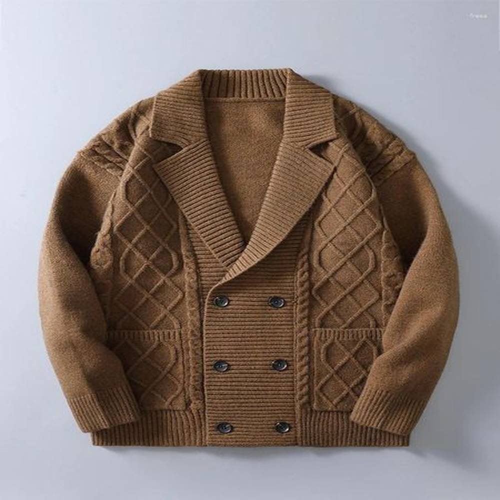 Men's Knit Cardigan Coat: 2024 Autumn Winter Double-Breasted Lapel Sweater Jacket, Long Sleeve Solid Color Outerwear For Men