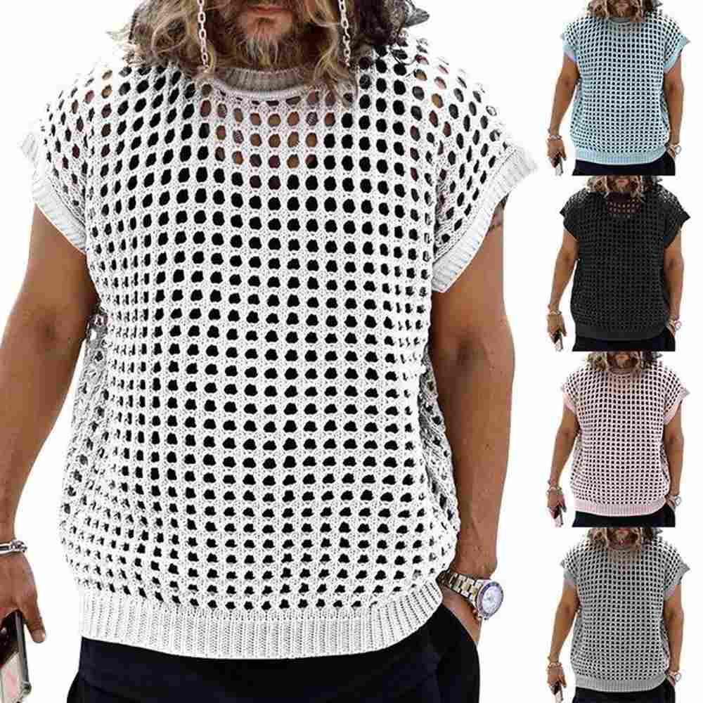 Mens Knitted Tank Tops Summer Fashion Hollow Out Solid Vest Tees O Neck Short sleeved Tshirt Knit Shirts Camisole Streetwear 240529