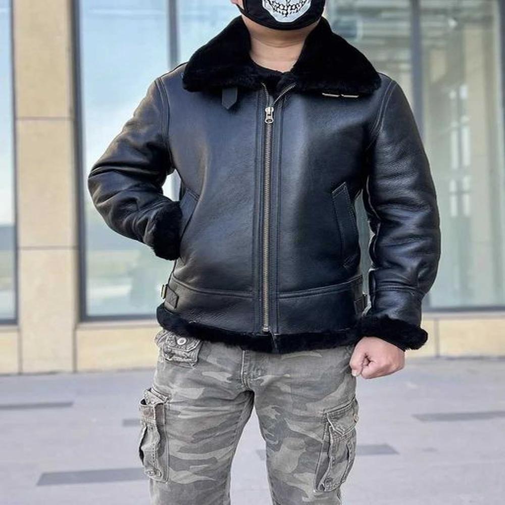 Men's Leather Faux Leather CC Shop Best.Winter warm 100% real natural fur coat.Classic B3 Bomber sheepskin with wool jacket.Plus size s