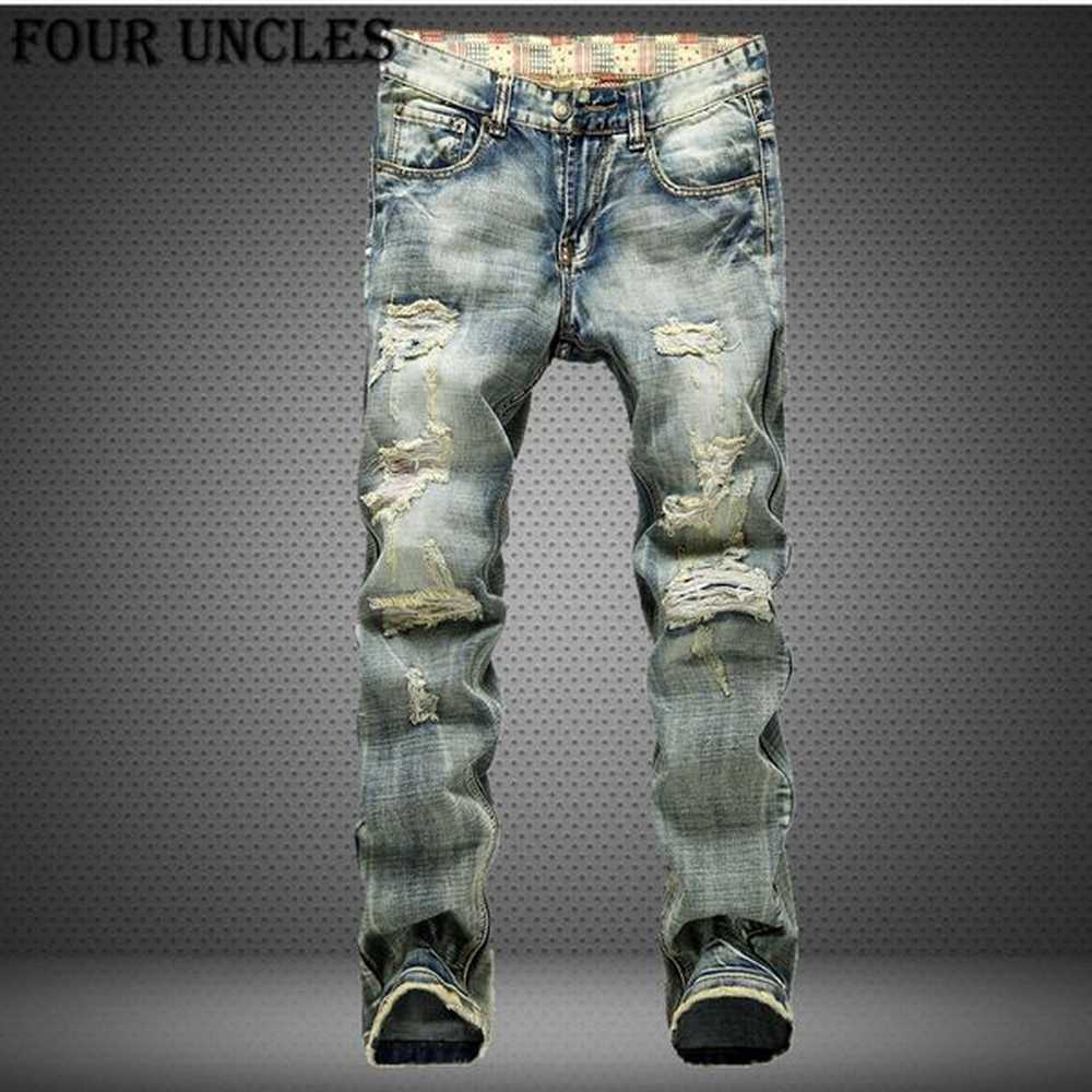 Men's Light Blue Ripped Denim Jeans - Casual Loose Fit Straight Leg Long Pants 2024 B1