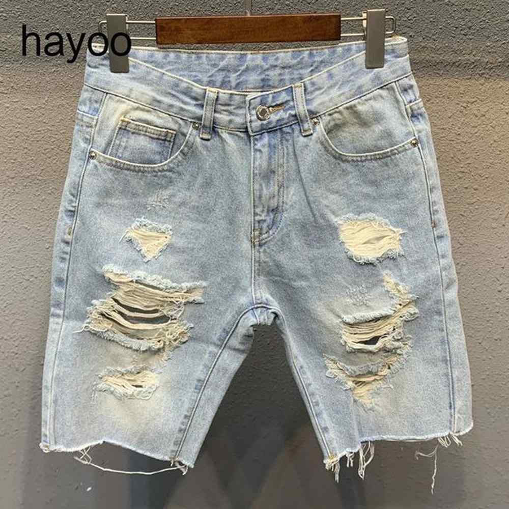 Men's Light Blue Ripped Denim Shorts: Trendy, Loose, Versatile Woolen Shorts For Men B1