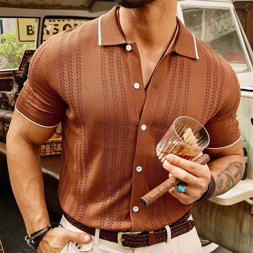 Mens lightweight button casual knitted polo shirt retro solid color short sleeved fashion patchwork knitted 241203