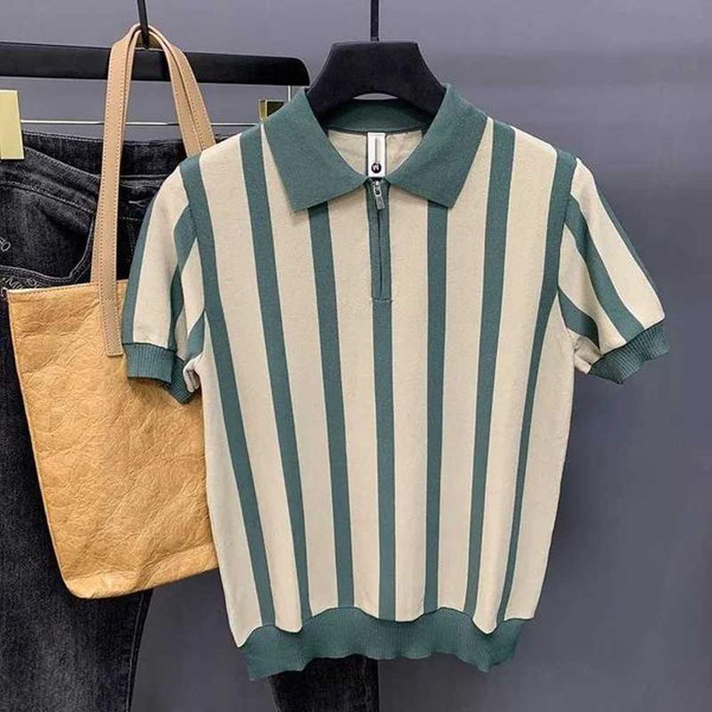 Mens lightweight luxury knitted striped zipper shirt shirt business casual short sleeved Korean popular retro knitted M-3XL X241228