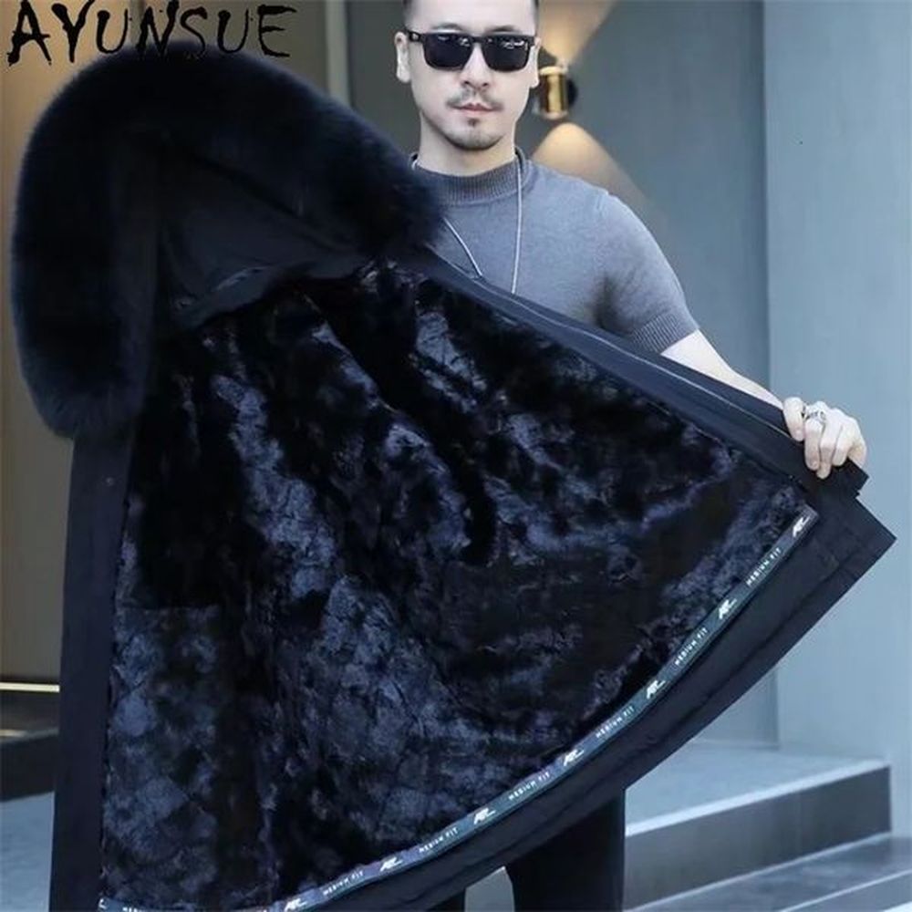 Mens Mink Fur Inner Liner Fur Jacket Medium Long Detachable Mens Fur Coat Business Casual Winter Warm Jackets 240823