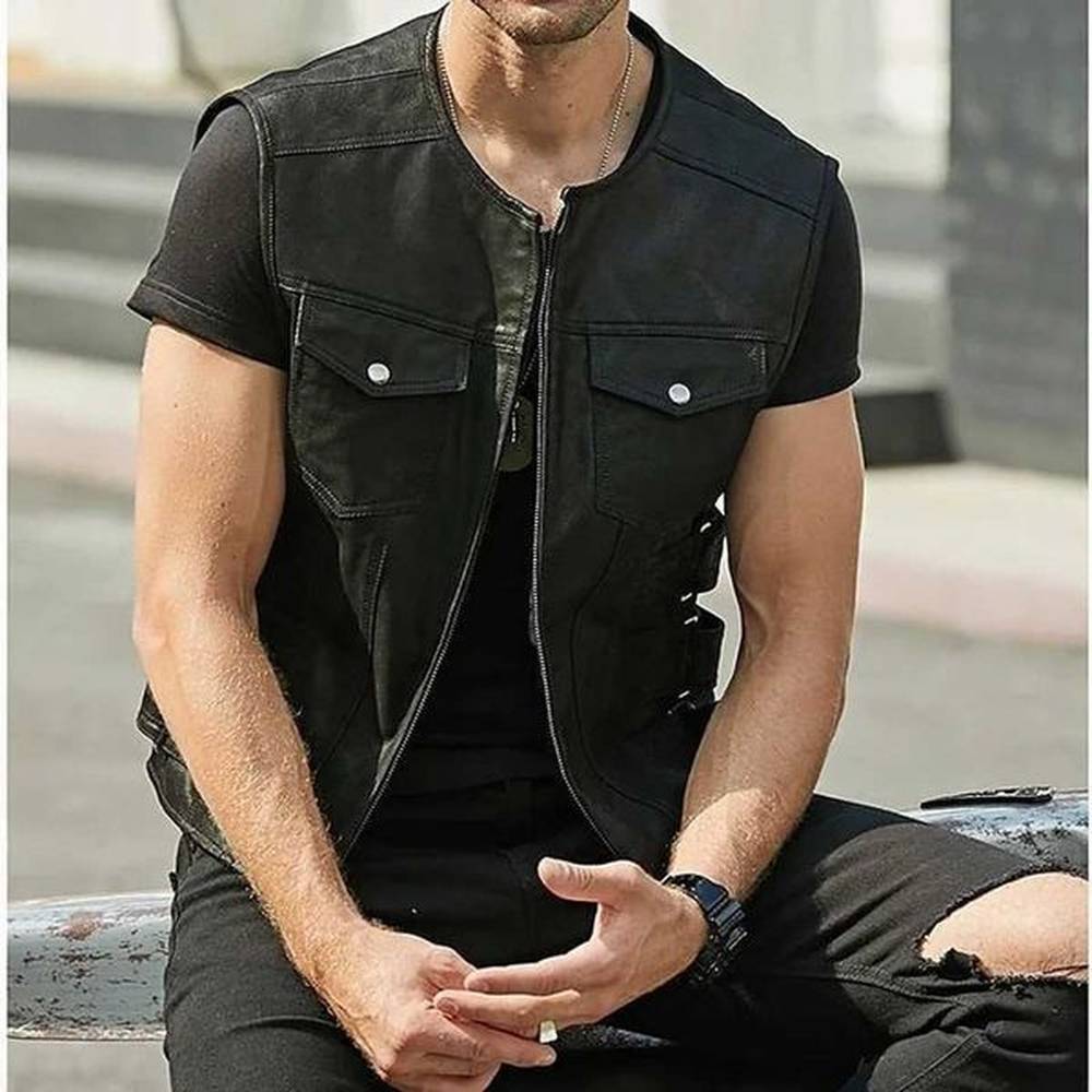 Mens motorcycle black vest multiple club pockets sleeveless design W240923