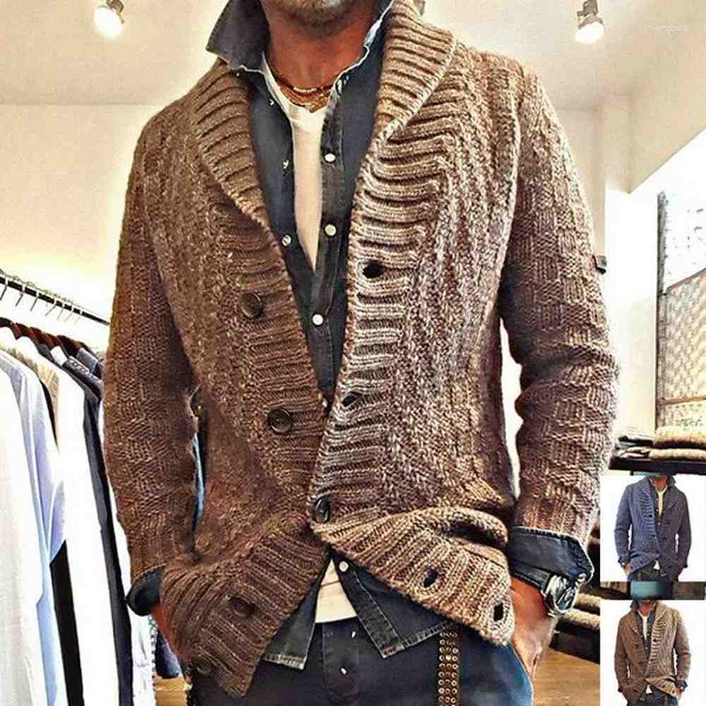 Men's Navy Blue Wool Cardigan Coat - Knitwear Long Sleeve Single Breasted Regular Fit For Spring & Autumn B1