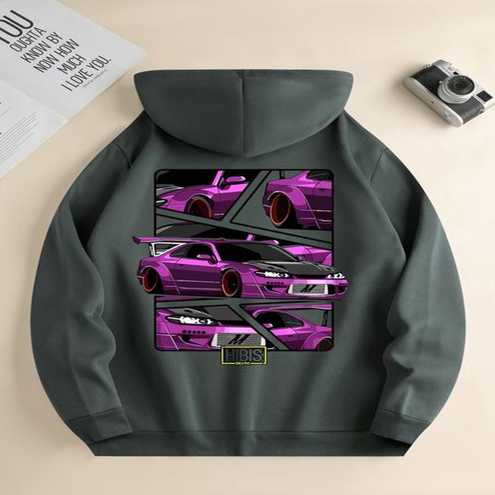 Men's new fashion hoodie, casual daily drawstring hooded sweatshirt car print, front pocket, men's jacket