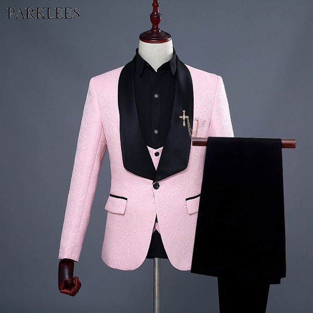 Mens One Button Shawl Lapel Floral Jacquard 3 Pcs Suits 2019 Brand New Wedding Groom Prom Tuxedo Suit Men Terno Masculino Pink