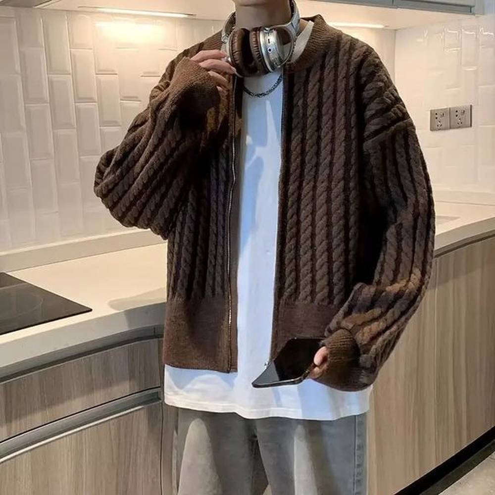 Mens Open Collar Loose Knitted Jacket Warm Korean Fashion Harajuku Sweater Mens Retro Long Sleeve Color Blocked Jacket 241011