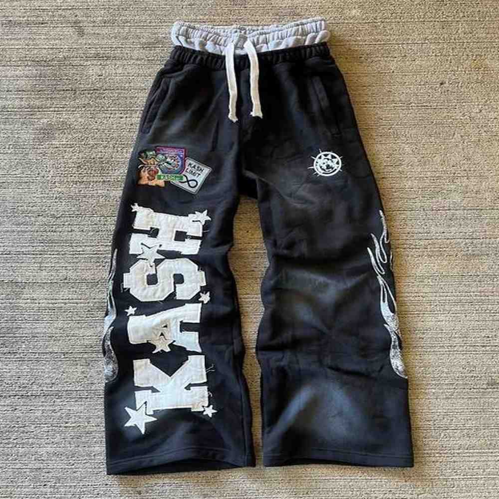 men's Pants American Sweatpants Y2K Men Gothic Hip Hop Letter Patch Retro Double Layer Design Baggy Elastic Waist Jogging Casual E8uv#