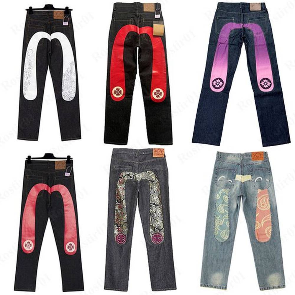 Mens pants evisue jeans M-shaped embroidery straight tube wide leg pants Long edge street casual EV jeans Men's high street hip-hop str