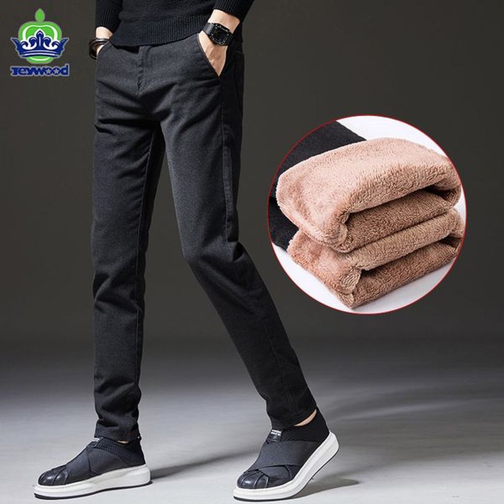 Men's Pants Jeywood Winter Men's Warm Casual Pants Business Fashion Slim Fit Stretch Thicken Gray Blue Black Cotton Trousers Male