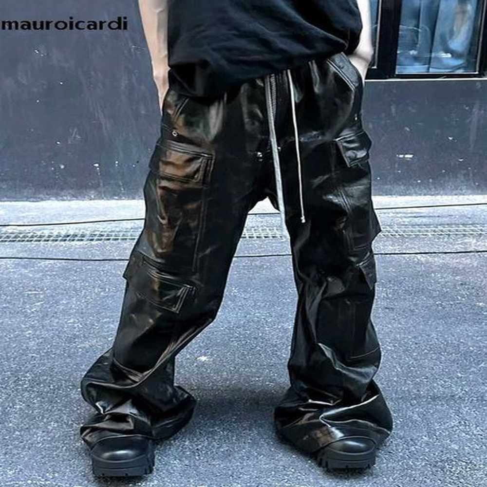Men's Pants Mauroicardi Spring Autumn Cool Black Shining Reflective Pu Leather Wide Leg Mens Waist Drawback Mens Designer Clothing Y241
