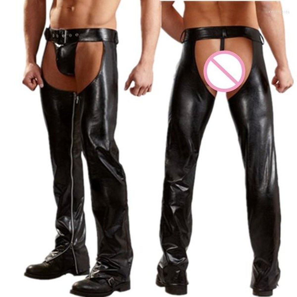 Men's Pants Sexy Mens PU Leather Long Open Crotch Trousers Gothic Punk Dance Wear Wet Look Jogger Male Casual Gay Clubwear