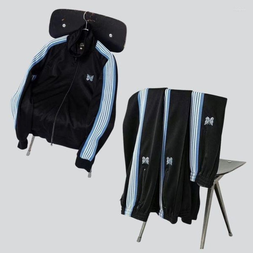 Men's Pants 23ss Needles AWGE Jackets Blue Butterfly Embroidery Stripes Black Sweatpants Tracksuit For Men Women
