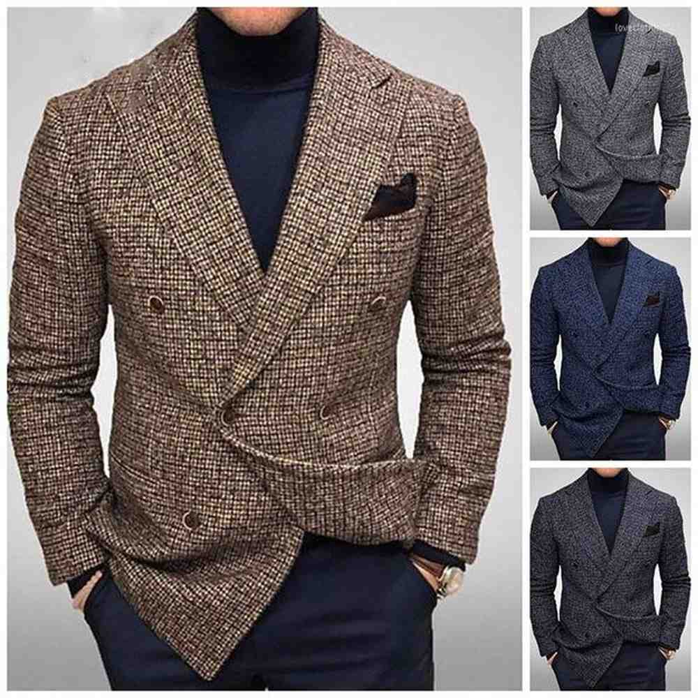Men's Plaid Double Breasted Blazer Long Sleeve Suit Jacket Casual Business Formal Wear Polyester