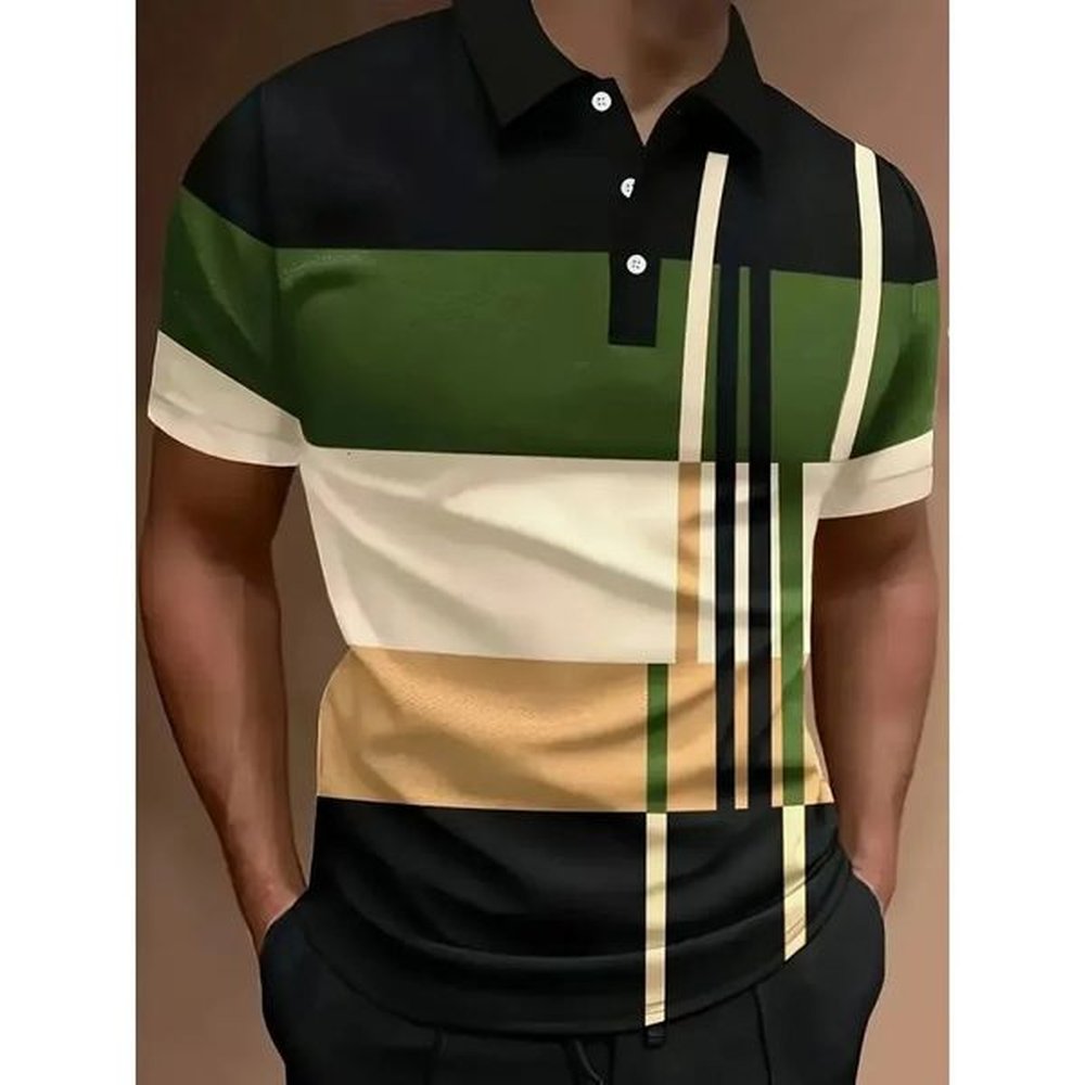 Mens polo shirt simple striped T-shirt fashionable 3D printed short sleeved lapel body shirt casual business mens polo shirt 241206