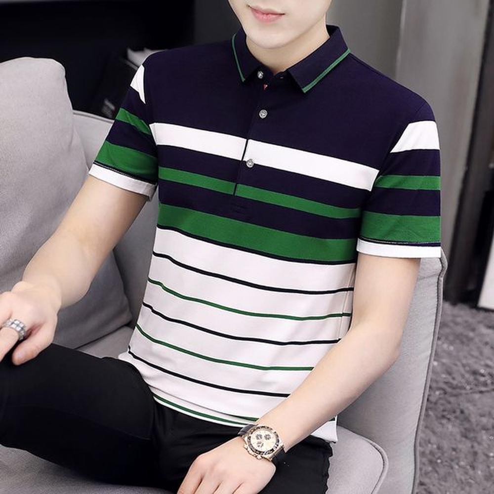 Men's Polo Shirt 2024 Summer Casual Men's Top Lapel Pure Cotton Contrast Stripe Short Sleeve T-shirt