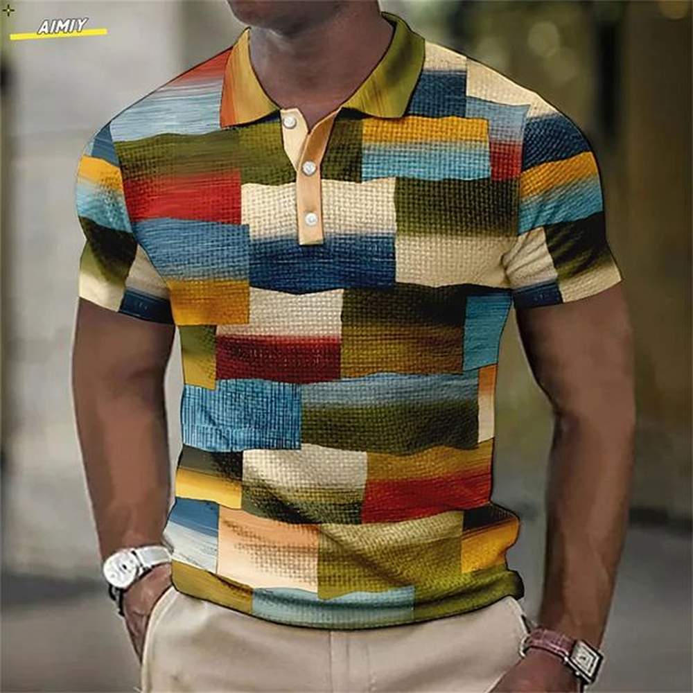 Mens Polo Shirt Waffle Polo Shirt Lapel Polo Button Up Polos Golf Shirt Plaid Check Graphic Prints Geometry Outdoor Street 240617