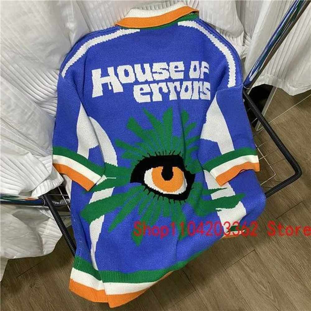 Men's Polos Harajuku Style House of Errors POLO Sweater Fun Long Eyelash Eyes Jacquard Orange Knit Pullover Unisex Tshirt Short Sleeve