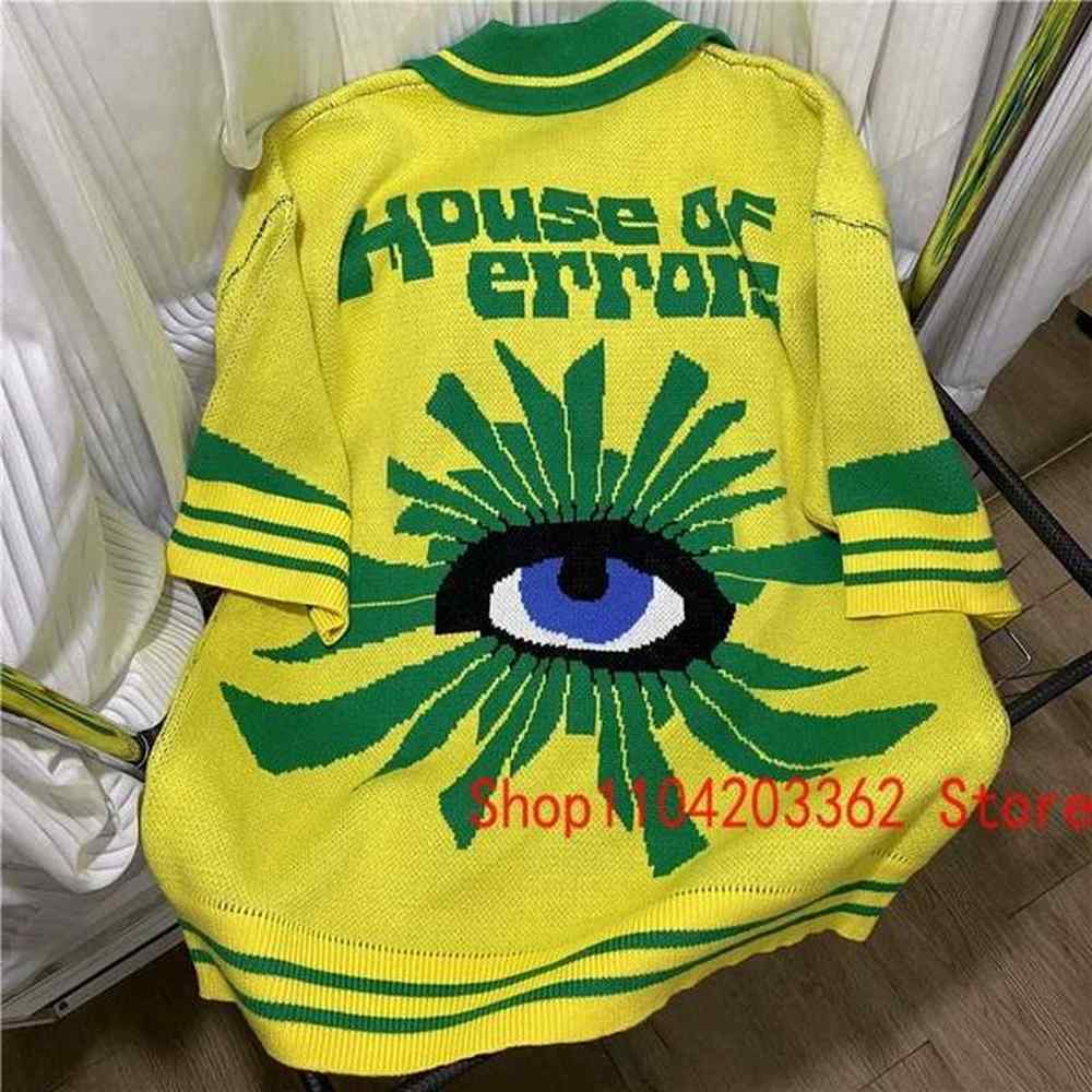 Men's Polos Jersey Style House of Errors Knitted Short Sleeve Euro-american Street Trend New Eyes Jacquard Tshirt Summer Streetwear H24