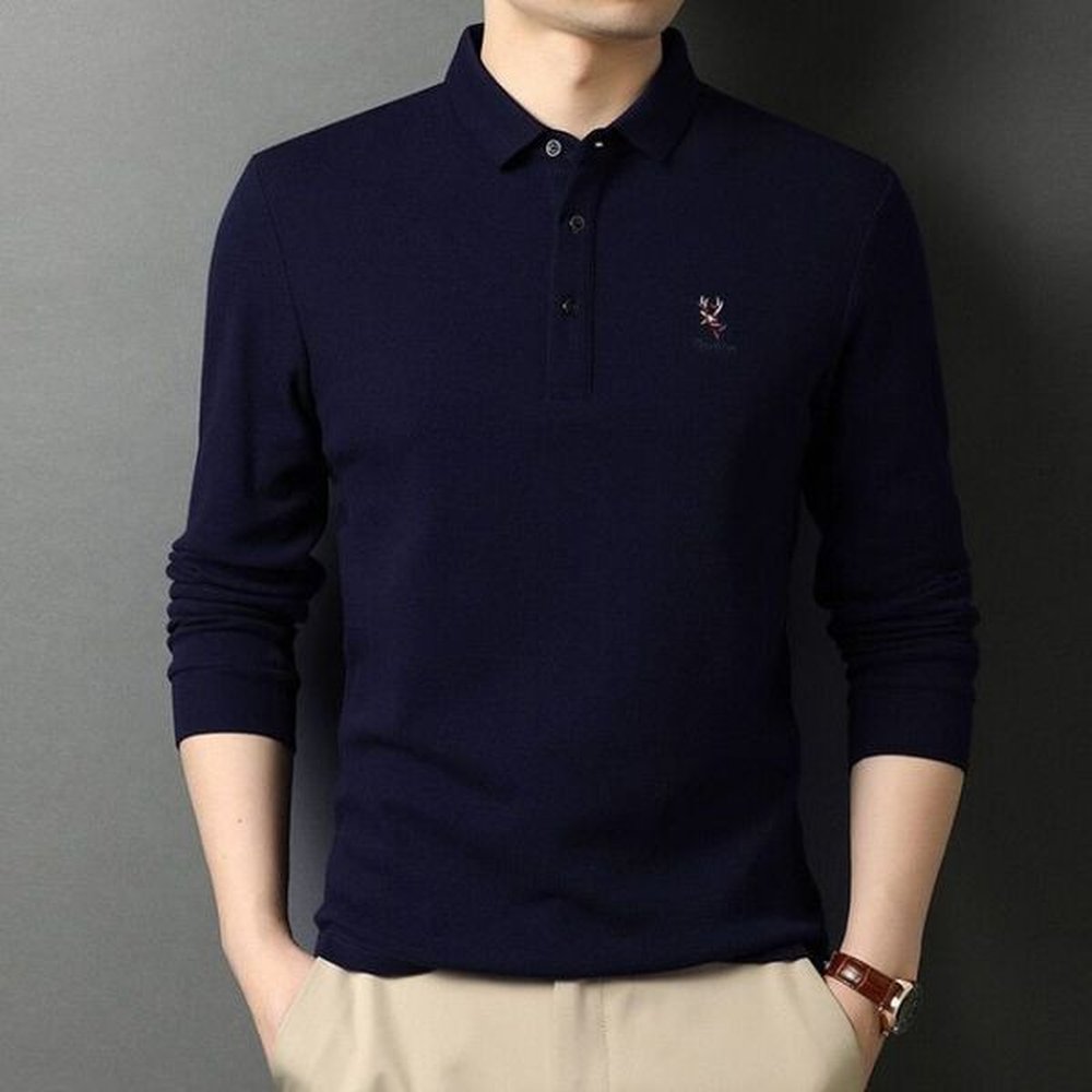 Men's Polos Men's Long-sleeved Lapel Spring Summer Bottom Shirt Embroidered Thin Pure Cotton Polo Shirt Large Comfortable Leisure