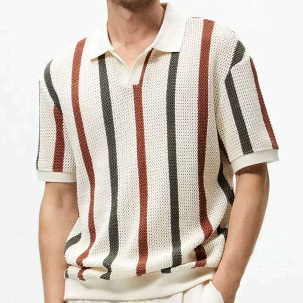 Men's Polos 2024 Summer Hollow Knitted Shirt Men and Women Stripe Contrast Polo Short Sve Couple Loose Casual T-shirt Top harajuku y2k