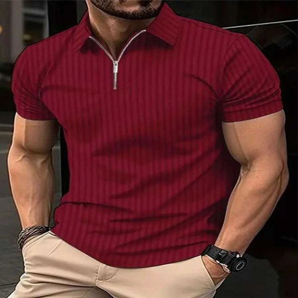 Men's Polos Summer mens striped fashionable short sleeved lightweight business casual polo shirt with half zipper solid elastic office