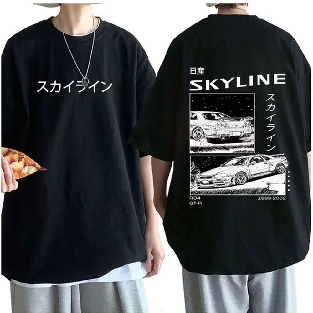 Mens pure cotton Tshirt drifting Japanese anime AE86 Inifirst D summer casual unisex R34 skyline GTR JDM oversized printed 250210