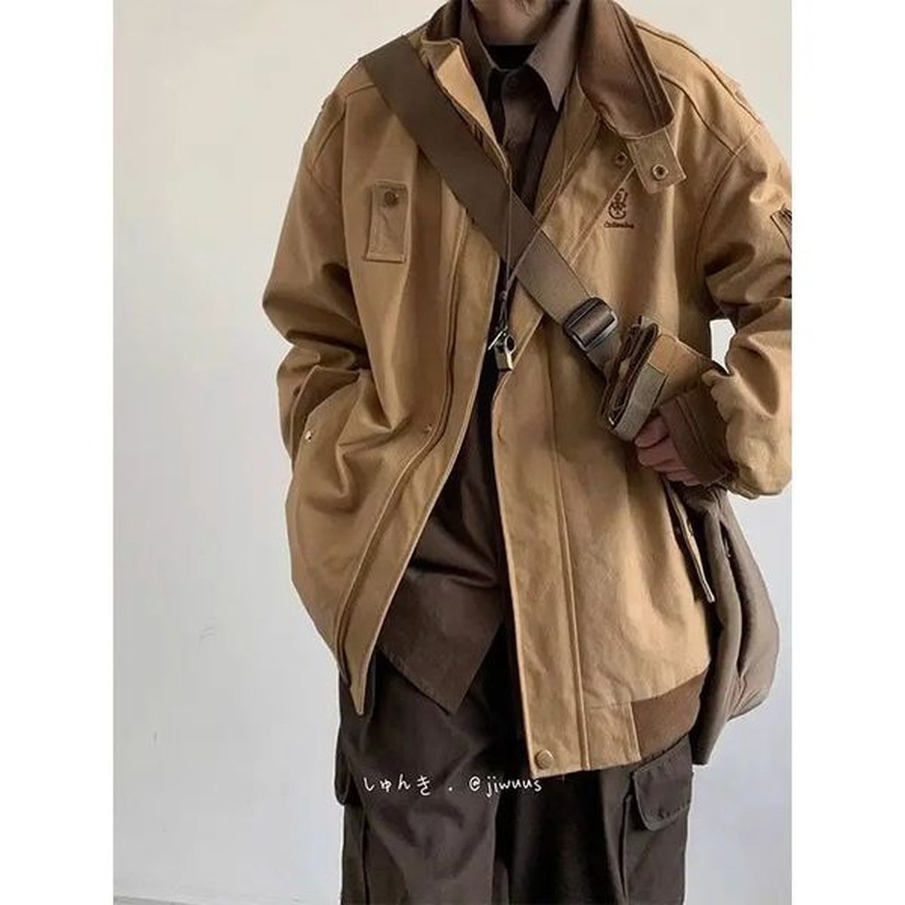 Mens retro Japanese style embroidered windproof zipper jacket autumn casual streetwear oversized long sleeved jacket 241121