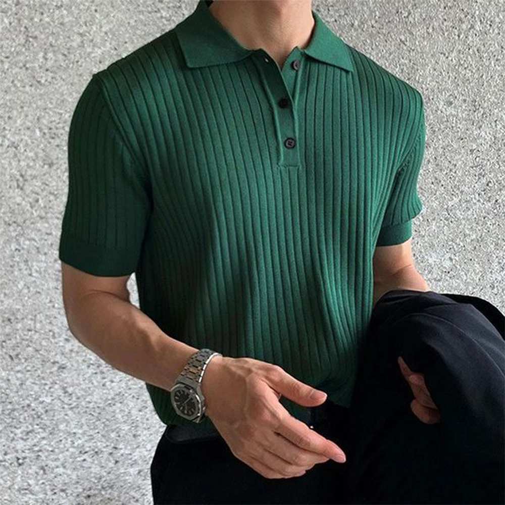Men's Retro Knit Lapel Polo Shirt, Striped Short Sleeve Knitwear, Summer Fashion, Solid Color, M-3Xl