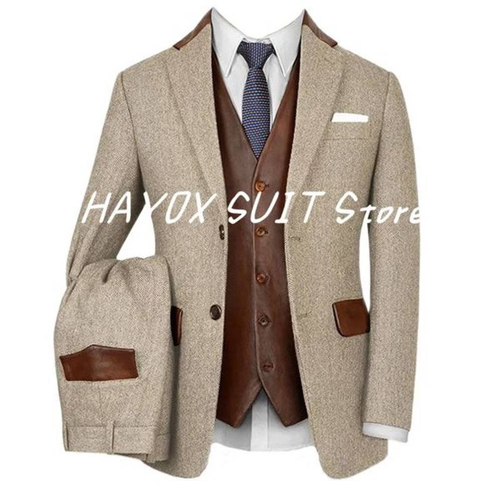 mens retro lightweight beige coarse tweed ultra-thin fit single corset two-piece set wedding figure mens clothing 241130