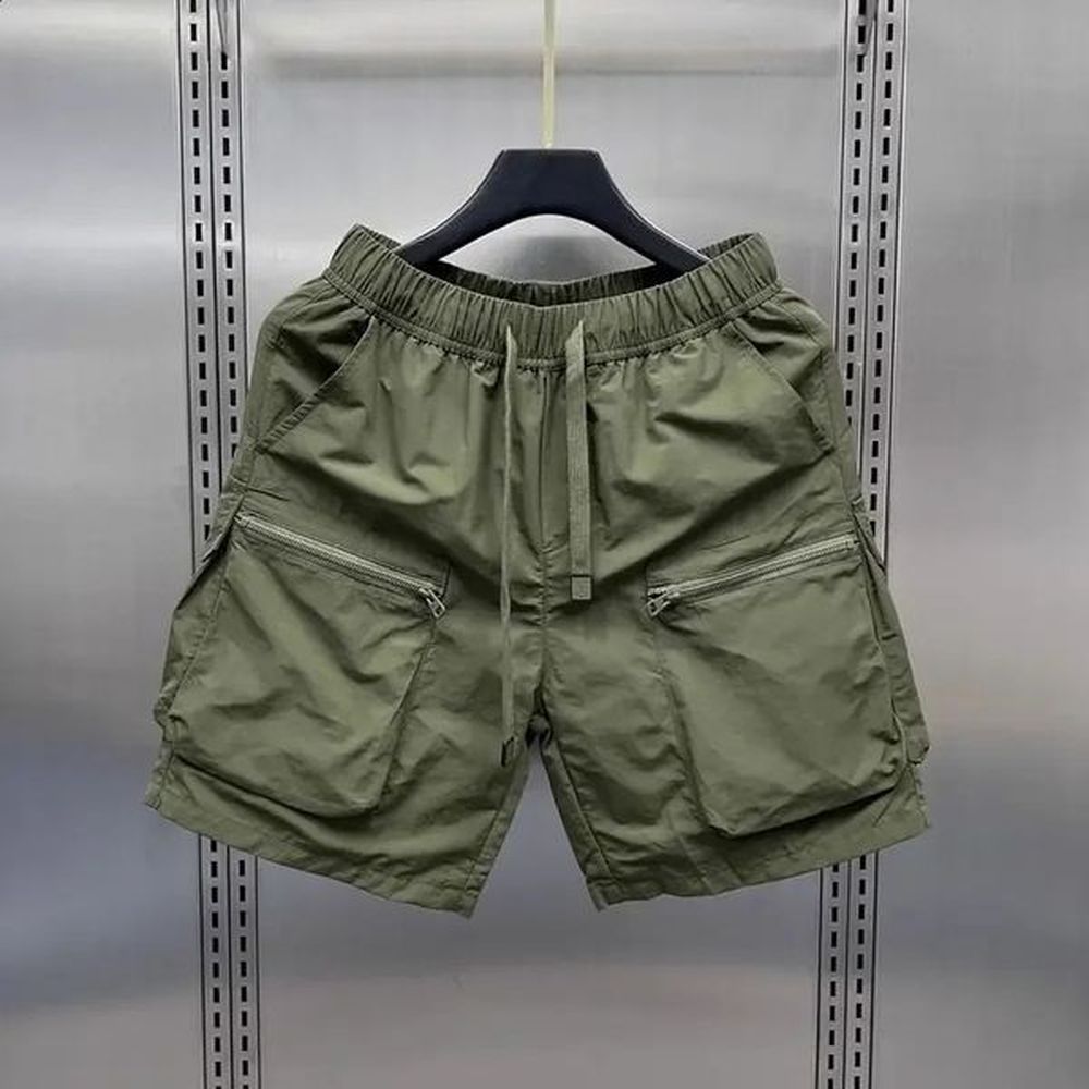 Mens retro multi pocket cargo shorts summer thin and loose straight casual jacket hat solid color drawstring 240819