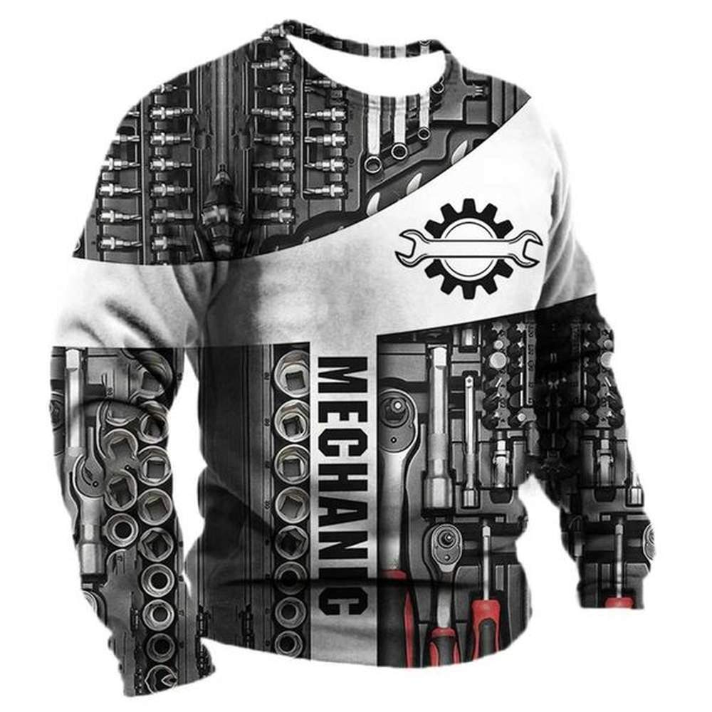 Mens Retro Printed Long Sleeved T-shirt Fashionable And Personalized Mechanical Round Neck Plus Size Comfortable TopXJ241210