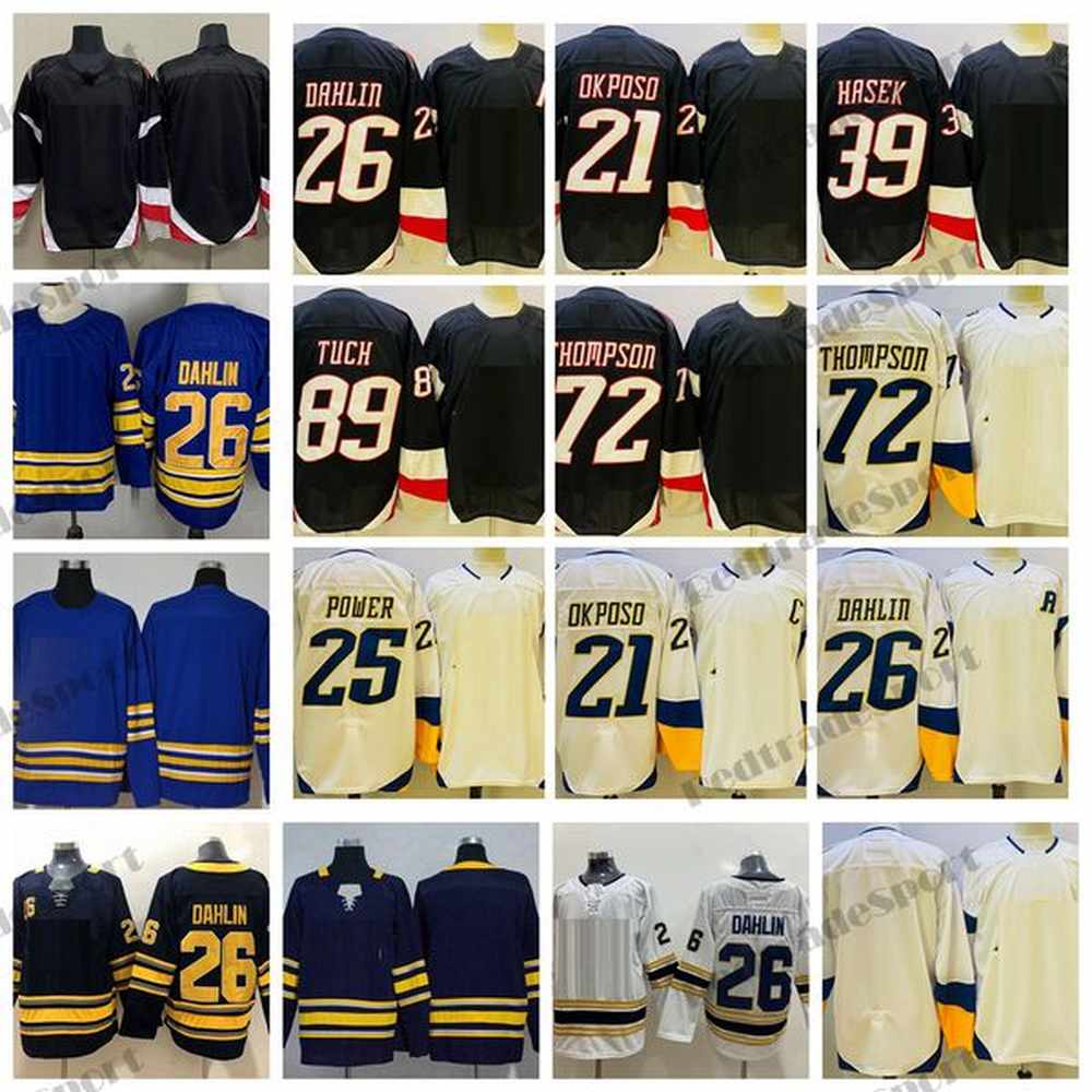 Mens 2022 Reverse Retro 26 Rasmus Dahlin Hockey Jerseys New Black 21 Kyle Okposo 72 Tage Thompson 89 Alex Tuch 39 Dominik Hasek 25 Owen