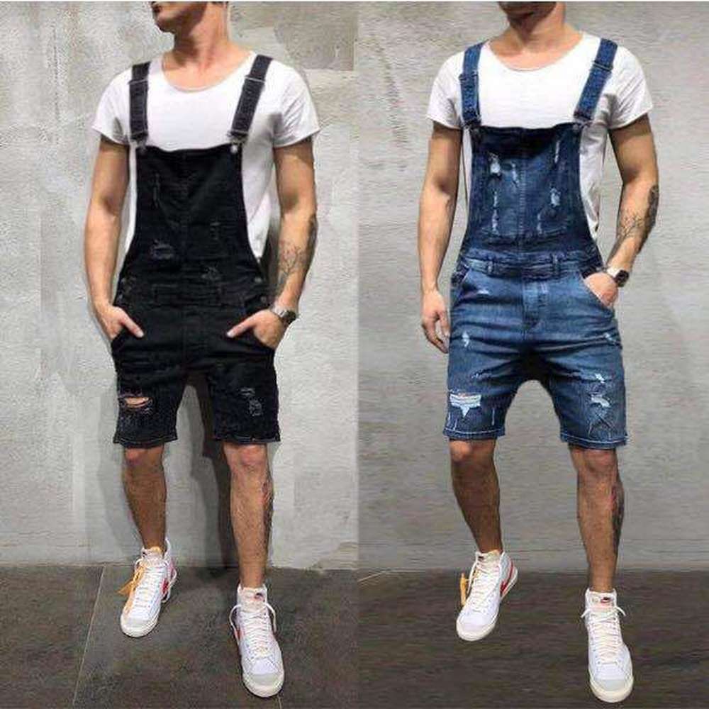 Men's Ripped Shorts Jeans Jumpsuits High Street Distressed Denim Shorts Bib Overalls For Man Suspender Pants Size S-XXXL