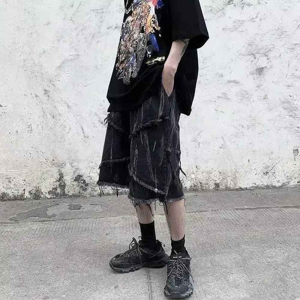 Men's Shorts American raw edge denim men shorts summer oversize casual loose knee-high dark cropped pants streetwear men S2527
